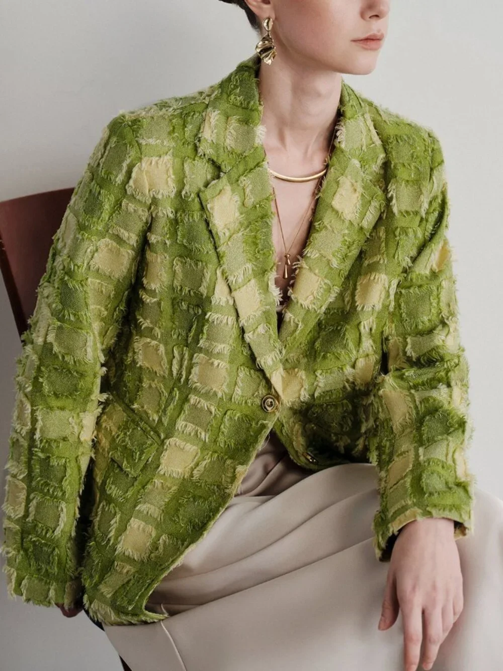 Green Elegant Women's Textured Peak Lapel Slim Tweed Blazer
